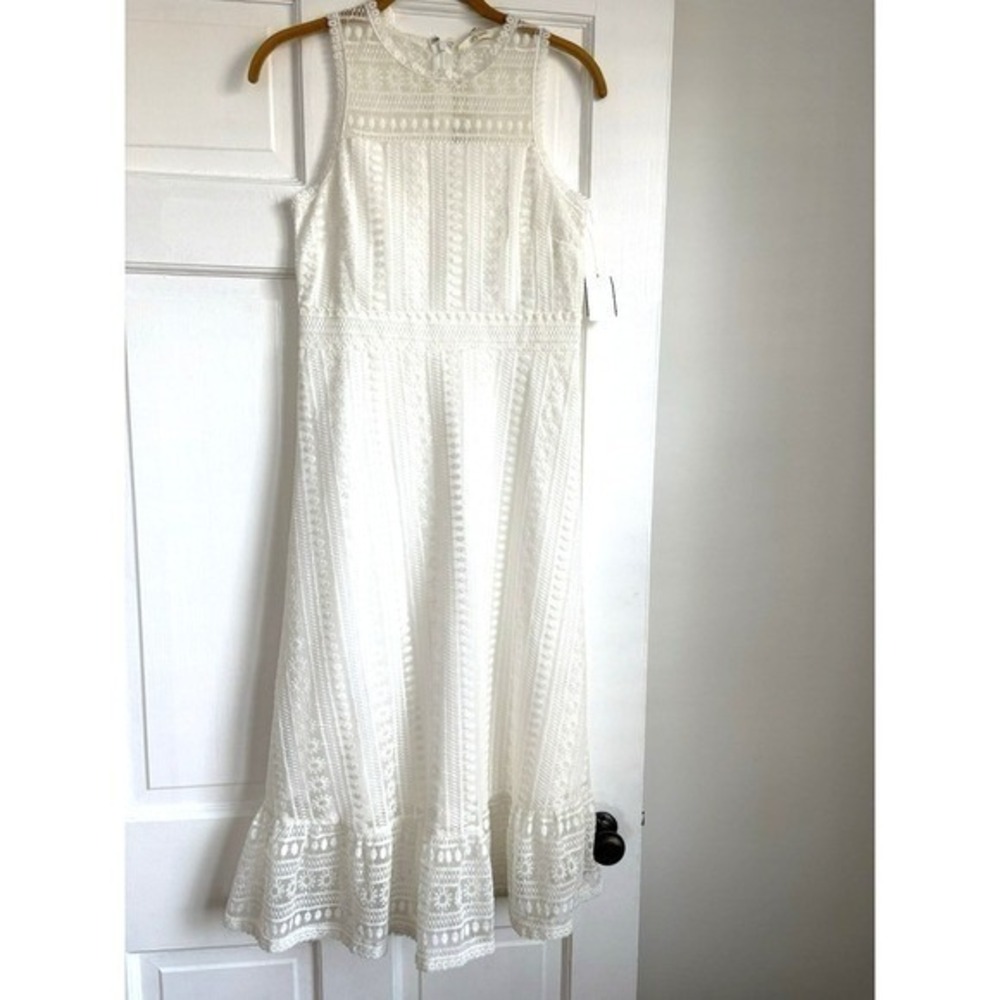 Francesca's Miami White Lace Midi Dress Ivory Floral Mesh Ruffle Hem Small‎ NEW